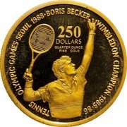 Niue 250 Dollars Boris Becker 1987 Proof KM# 9 TENNIS OLYMPIC GAMES SEOUL 1988 BORIS BECKER WIMBLEDON CHAMPION 1985-86 250 DOLLARS QUARTER OUNCE FINE GOLD coin reverse Niue 250 Dollars Boris Becker 1987 Proof KM# 9 TENNIS OLYMPIC GAMES SEOUL 1988 BORIS BECKER WIMBLEDON CHAMPION 1985-86 250 DOLLARS QUARTER OUNCE FINE GOLD coin reverse
