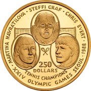 Niue 250 Dollars Navratilova, Graf and Evert 1988 Proof KM# 41 MARTINA NAVRATILOVA STEFFI GRAF CHRIS EVERT 250 DOLLARS TENNIS CHAMPIONS XXIV OLYMPIC GAMES SEOUL 1988 coin reverse Niue 250 Dollars Navratilova, Graf and Evert 1988 Proof KM# 41 MARTINA NAVRATILOVA STEFFI GRAF CHRIS EVERT 250 DOLLARS TENNIS CHAMPIONS XXIV OLYMPIC GAMES SEOUL 1988 coin reverse