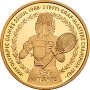 Niue 250 Dollars Steffi Graf With Cup 1988 Proof KM# 48 XXIV OLYMPIC GAMES 1988 STEFFI GRAF MASTERS CHAMPION 1987 250 DOLLARS coin reverse Niue 250 Dollars Steffi Graf With Cup 1988 Proof KM# 48 XXIV OLYMPIC GAMES 1988 STEFFI GRAF MASTERS CHAMPION 1987 250 DOLLARS coin reverse