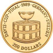 Niue 250 Dollars Davis cup 1989 Proof KM# 26 DAVIS-CUP-FINAL 1989 GERMANY-SWEDEN 250 DOLLARS coin reverse Niue 250 Dollars Davis cup 1989 Proof KM# 26 DAVIS-CUP-FINAL 1989 GERMANY-SWEDEN 250 DOLLARS coin reverse