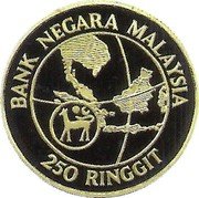 Malaysia 250 Ringgit Womens' Decade 1985 Proof KM# 42 BANK NEGARA MALAYSIA 250 RINGGIT coin obverse Malaysia 250 Ringgit Womens' Decade 1985 Proof KM# 42 BANK NEGARA MALAYSIA 250 RINGGIT coin obverse