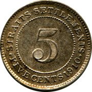 Malaysia Five Cents Edward VII Straits Settlements 1910 B KM# 20a STRAITS SETTLEMENTS 5 FIVE CENTS 1910 coin reverse Malaysia Five Cents Edward VII Straits Settlements 1910 B KM# 20a STRAITS SETTLEMENTS 5 FIVE CENTS 1910 coin reverse