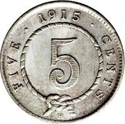 Malaysia 5 Cents Charles J. Brooke Sarawak 1915 H KM# 8 FIVE 1915 CENTS 5 coin reverse Malaysia 5 Cents Charles J. Brooke Sarawak 1915 H KM# 8 FIVE 1915 CENTS 5 coin reverse