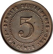 Malaysia 5 Cents George V Straits Settlements 1920 KM# 34 STRAITS SETTLEMENTS 5 FIVE CENTS 1920 coin reverse Malaysia 5 Cents George V Straits Settlements 1920 KM# 34 STRAITS SETTLEMENTS 5 FIVE CENTS 1920 coin reverse