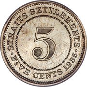 Malaysia 5 Cents George V 1935 KM# 36 STRAITS SETTLEMENTS 5 FIVE CENTS 1935 coin reverse Malaysia 5 Cents George V 1935 KM# 36 STRAITS SETTLEMENTS 5 FIVE CENTS 1935 coin reverse