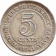 Malaysia 5 Cents George VI Malaya 1941 KM# 3 COMMISSIONERS OF CURRENCY MALAYSIA 5 CENTS 1941 coin reverse Malaysia 5 Cents George VI Malaya 1941 KM# 3 COMMISSIONERS OF CURRENCY MALAYSIA 5 CENTS 1941 coin reverse