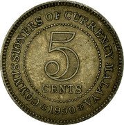 Malaysia 5 Cents George VI Malaya 1950 KM# 7 COMMISSIONERS OF CURRENCY MALAYA 5 CENTS 1948 coin reverse Malaysia 5 Cents George VI Malaya 1950 KM# 7 COMMISSIONERS OF CURRENCY MALAYA 5 CENTS 1948 coin reverse