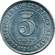Malaysia 5 Cents George VI Malaya 1945 I KM# 3a COMMISSIONERS OF CURRENCY MALAYA 5 CENTS 1945 coin reverse Malaysia 5 Cents George VI Malaya 1945 I KM# 3a COMMISSIONERS OF CURRENCY MALAYA 5 CENTS 1945 coin reverse