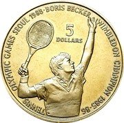 Niue 5 Dollars Boris Becker 1987 KM# 1 TENNIS OLYMPIC GAMES SEOUL 1988 BORIS BECKER WIMBLEDON CHAMPION 1985-86 5 DOLLARS coin reverse Niue 5 Dollars Boris Becker 1987 KM# 1 TENNIS OLYMPIC GAMES SEOUL 1988 BORIS BECKER WIMBLEDON CHAMPION 1985-86 5 DOLLARS coin reverse