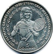 Niue 5 Dollars Summer Olympics in Seoul. Steffi Graf 1988 KM# 11 XXIV OLYMPIC GAMES SEOUL 1988 STEFFI GRAF MASTERS CHAMPION 1987 5 DOLLARS coin reverse Niue 5 Dollars Summer Olympics in Seoul. Steffi Graf 1988 KM# 11 XXIV OLYMPIC GAMES SEOUL 1988 STEFFI GRAF MASTERS CHAMPION 1987 5 DOLLARS coin reverse