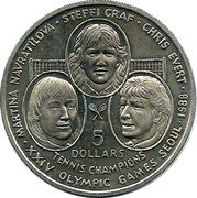 Niue 5 Dollars Summer Olympics in Seoul. Tennis Champions 1988 KM# 15 MARTINA NAVRATILOVA STEFFI GRAF CHRIS EVERT 5 DOLLARS TENNIS CHAMPIONS XXIV OLYMPIC GAMES SEOUL 1988 coin reverse Niue 5 Dollars Summer Olympics in Seoul. Tennis Champions 1988 KM# 15 MARTINA NAVRATILOVA STEFFI GRAF CHRIS EVERT 5 DOLLARS TENNIS CHAMPIONS XXIV OLYMPIC GAMES SEOUL 1988 coin reverse