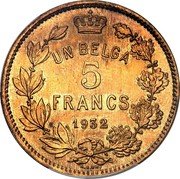 Belgium 5 Francs (Albert I French text - Pattern) UN BELGA 5 FRANCS 1932 A.E.GR. coin reverse Belgium 5 Francs (Albert I French text - Pattern) UN BELGA 5 FRANCS 1932 A.E.GR. coin reverse