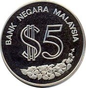 Malaysia 5 Ringgit PATA Conference 1986 Proof KM# 40 BANK NEGARA MALAYSIA $5 coin obverse Malaysia 5 Ringgit PATA Conference 1986 Proof KM# 40 BANK NEGARA MALAYSIA $5 coin obverse
