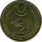 Malaysia 5 Ringgit 15th Southeast Asian Games 1989 KM# 47 5 RINGGIT KUALA LUMPUR-MALAYSIA coin obverse Malaysia 5 Ringgit 15th Southeast Asian Games 1989 KM# 47 5 RINGGIT KUALA LUMPUR-MALAYSIA coin obverse