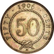 Malaysia 50 Cents Charles Brooke Rajah 1906 H KM# 11 FIFTY 1906 CENTS 50 coin reverse Malaysia 50 Cents Charles Brooke Rajah 1906 H KM# 11 FIFTY 1906 CENTS 50 coin reverse