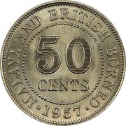 Malaysia 50 Cents Malaya and British Borneo 1957 H KM# 4.1 MALAYA AND BRITISH BORNEO 50 CENTS 1954 coin reverse Malaysia 50 Cents Malaya and British Borneo 1957 H KM# 4.1 MALAYA AND BRITISH BORNEO 50 CENTS 1954 coin reverse