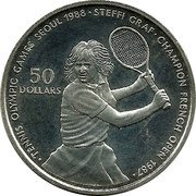 Niue 50 Dollars Olympic Games Seoul 1988 1987 Proof KM# 6 TENNIS OLYMPIC GAMES SEOUL 1988 STEFFI GRAF CHAMPION FRENCH OPEN 1987 50 DOLLARS coin reverse Niue 50 Dollars Olympic Games Seoul 1988 1987 Proof KM# 6 TENNIS OLYMPIC GAMES SEOUL 1988 STEFFI GRAF CHAMPION FRENCH OPEN 1987 50 DOLLARS coin reverse