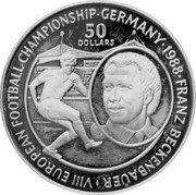 Niue 50 Dollars European Football Championship 1988 Proof KM# 14 GERMANY 1988 FRANZ BECKENBAUER VIII EUROPEAN FOOTBALL CHAMPIONSHIP 50 DOLLARS coin reverse Niue 50 Dollars European Football Championship 1988 Proof KM# 14 GERMANY 1988 FRANZ BECKENBAUER VIII EUROPEAN FOOTBALL CHAMPIONSHIP 50 DOLLARS coin reverse