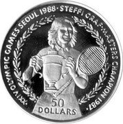 Niue 50 Dollars Steffi Graf 1988 Proof KM# 13 XXIV OLYMPIC GAMES SEOUL 1988 STEFFI GRAF MASTERS CHAMPION 1987 50 DOLLARS coin reverse Niue 50 Dollars Steffi Graf 1988 Proof KM# 13 XXIV OLYMPIC GAMES SEOUL 1988 STEFFI GRAF MASTERS CHAMPION 1987 50 DOLLARS coin reverse