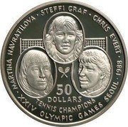 Niue 50 Dollars Tennis Champions 1988 Proof KM# 16 MARTINA NAVRATILOVA STEFFI GRAF CHRIS EVERT 50 DOLLARS TENNIS CHAMPIONS XXIV OLYMPIC GAMES SEOUL 1988 coin reverse Niue 50 Dollars Tennis Champions 1988 Proof KM# 16 MARTINA NAVRATILOVA STEFFI GRAF CHRIS EVERT 50 DOLLARS TENNIS CHAMPIONS XXIV OLYMPIC GAMES SEOUL 1988 coin reverse
