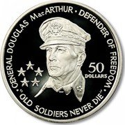 Niue 50 Dollars General Douglas MacArthur 1989 Proof KM# 23 GENERAL DOUGLAS MATARTHUR DEFENDER OF FREEDOM OLD SOLDIERS NEVER DIE 50 DOLLARS coin reverse Niue 50 Dollars General Douglas MacArthur 1989 Proof KM# 23 GENERAL DOUGLAS MATARTHUR DEFENDER OF FREEDOM OLD SOLDIERS NEVER DIE 50 DOLLARS coin reverse