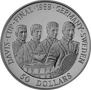 Niue 50 Dollars Davis Cup Tennis 1989 Proof KM# 25 DAVIS-CUP-FINAL 1989 GERMANY-SWEDEN 50 DOLLARS coin reverse Niue 50 Dollars Davis Cup Tennis 1989 Proof KM# 25 DAVIS-CUP-FINAL 1989 GERMANY-SWEDEN 50 DOLLARS coin reverse