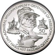Niue 50 Dollars Admiral William Halsey 1990 Proof KM# 34 ADMIRAL WILLAN F. HALSEY DEFENDER OF FREEDOM 50 DOLLARS "HIT HARD, HIT FAST, HIT OFTEN" coin reverse Niue 50 Dollars Admiral William Halsey 1990 Proof KM# 34 ADMIRAL WILLAN F. HALSEY DEFENDER OF FREEDOM 50 DOLLARS "HIT HARD, HIT FAST, HIT OFTEN" coin reverse