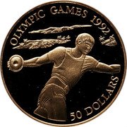 Niue 50 Dollars XXV Summer Olympic Games. Discus Thrower 1992 Proof KM# 71 OLYMPIC GAMES 1992 50 DOLLARS coin reverse Niue 50 Dollars XXV Summer Olympic Games. Discus Thrower 1992 Proof KM# 71 OLYMPIC GAMES 1992 50 DOLLARS coin reverse