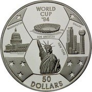 Niue 50 Dollars World Cup Soccer 1994 Proof KM# 72 WORLD CUP '94 WASHINGTON DALLAS NEW YORK LOS ANGELES 50 DOLLARS coin reverse