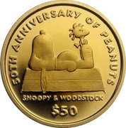 Niue 50 Dollars Peanuts 2000 Proof KM# 118 50TH ANNIVERSARY OF PEANUTS SNOOPY & WOODSTOCK $50 coin reverse Niue 50 Dollars Peanuts 2000 Proof KM# 118 50TH ANNIVERSARY OF PEANUTS SNOOPY & WOODSTOCK $50 coin reverse