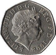 UK 50 Pence National Health Service Piedfort 1998 Proof KM# P29 1998 ELIZABETH II D G REG F D coin obverse UK 50 Pence National Health Service Piedfort 1998 Proof KM# P29 1998 ELIZABETH II D G REG F D coin obverse