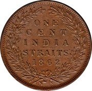 Malaysia Cent Victoria Straits Settlements 1862 KM# 6 ONE CENT INDIA STRAITS 1862 coin reverse Malaysia Cent Victoria Straits Settlements 1862 KM# 6 ONE CENT INDIA STRAITS 1862 coin reverse