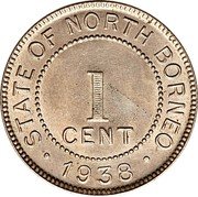 Malaysia Cent British North Borneo 1938 H KM# 3 STATE OF NORTH BORNEO 1 CENT 1938 coin obverse Malaysia Cent British North Borneo 1938 H KM# 3 STATE OF NORTH BORNEO 1 CENT 1938 coin obverse