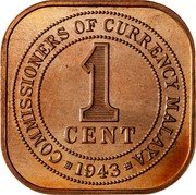 Malaysia Cent George VI 1943 KM# 6 COMMISSIONERS OF CURRENCY MALAYA 1 CENT 1943 coin reverse Malaysia Cent George VI 1943 KM# 6 COMMISSIONERS OF CURRENCY MALAYA 1 CENT 1943 coin reverse