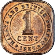 Malaysia Cent Elizabeth II 1957 KM# 5 MALAYA AND BRITISH BORNEO 1 CENT 1961 coin reverse Malaysia Cent Elizabeth II 1957 KM# 5 MALAYA AND BRITISH BORNEO 1 CENT 1961 coin reverse