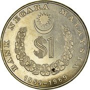 Malaysia Ringgit 10th Anniversary Bank Negara 1969 KM# 7 BANK NEGARA MALAYSIA $1 1959-1969 coin reverse Malaysia Ringgit 10th Anniversary Bank Negara 1969 KM# 7 BANK NEGARA MALAYSIA $1 1959-1969 coin reverse