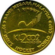 Malaysia Ringgit 10th Men's Hockey World Cup 2002 KM# 165 BANK NEGARA MALAYSIA 10TH MEN'S HOCKEY WORLD CUP 1 RINGGIT KL 2002 WORLD CUP coin obverse Malaysia Ringgit 10th Men's Hockey World Cup 2002 KM# 165 BANK NEGARA MALAYSIA 10TH MEN'S HOCKEY WORLD CUP 1 RINGGIT KL 2002 WORLD CUP coin obverse