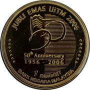 Malaysia Ringgit 50th Anniversary Mara Technology University 2006 KM# 141 JUBLI EMAS UITM 2006 50 50TH ANNIVERSARY 1956-2006 1 RINGGIT BANK NEGARA MALAYSIA coin obverse Malaysia Ringgit 50th Anniversary Mara Technology University 2006 KM# 141 JUBLI EMAS UITM 2006 50 50TH ANNIVERSARY 1956-2006 1 RINGGIT BANK NEGARA MALAYSIA coin obverse