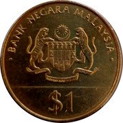 Malaysia Ringgit 30th Anniversary of Independence ND (1987) KM# 43 BANK NEGARA MALAYSIA BERSEKUTU BERTAMBAH MUTU $1 coin obverse Malaysia Ringgit 30th Anniversary of Independence ND (1987) KM# 43 BANK NEGARA MALAYSIA BERSEKUTU BERTAMBAH MUTU $1 coin obverse