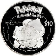 Niue 10 Dollars Pokemon. Bulbasaur 2001 Proof KM# 130 POKÉMON TM GOTTA CATCH 'EM ALL TM BULBASAUR TM #01 $10 TM & © 2001 NINTENDO coin reverse Niue 10 Dollars Pokemon. Bulbasaur 2001 Proof KM# 130 POKÉMON TM GOTTA CATCH 'EM ALL TM BULBASAUR TM #01 $10 TM & © 2001 NINTENDO coin reverse