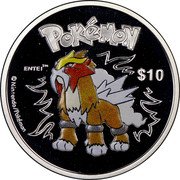 Niue 10 Dollars Pokemon. Entei 2002 PM Proof KM# 162 POKÉMON ENTEI TM $10 © NINTENDO/POKÉMON coin reverse