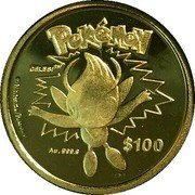 Niue 100 Dollars Pokemon. Celebi 2002 PM Proof KM# 170 POKÉMON CELEBI TM © NINTENDO/POKÉMON AU 999.9 $100 coin reverse
