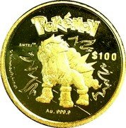 Niue 100 Dollars Pokemon. Entei 2002 PM Proof KM# 165 POKÉMON ENTEI TM TM $100 © NINTENDO/POKÉMON AU 999.9 coin reverse Niue 100 Dollars Pokemon. Entei 2002 PM Proof KM# 165 POKÉMON ENTEI TM TM $100 © NINTENDO/POKÉMON AU 999.9 coin reverse