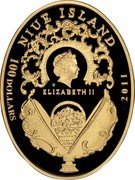 Niue 100 Dollars Lilly Faberge Egg 2011 Proof KM# 648 NIUE ISLAND ELIZABETH II 100 DOLLARS 2011 AU 900 coin obverse Niue 100 Dollars Lilly Faberge Egg 2011 Proof KM# 648 NIUE ISLAND ELIZABETH II 100 DOLLARS 2011 AU 900 coin obverse