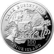 Niue 100 Dollars Amber Route 2011 Proof KM# 747 SZLAK BURSZTYNOWY ELIZABETH II 2011 100 DOLLARS AG 999.7 NIUE ISLAND coin obverse Niue 100 Dollars Amber Route 2011 Proof KM# 747 SZLAK BURSZTYNOWY ELIZABETH II 2011 100 DOLLARS AG 999.7 NIUE ISLAND coin obverse