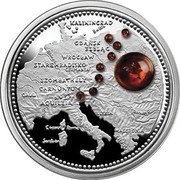 Niue 100 Dollars Amber Route 2011 Proof KM# 747 AQUILEIA CARNUNTUM ELBLĄG GDAŃSK GERMANIA KALININGRAD STARE HRADISKO SZOMBATHELY WROCŁAW coin reverse Niue 100 Dollars Amber Route 2011 Proof KM# 747 AQUILEIA CARNUNTUM ELBLĄG GDAŃSK GERMANIA KALININGRAD STARE HRADISKO SZOMBATHELY WROCŁAW coin reverse