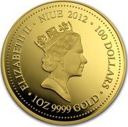 Niue 100 Dollars Tasmanian Wedge-Tailed Eagle 2012 Proof KM# 737 ELIZABETH II NIUE 2012 100 DOLLARS 1 OZ 9999 GOLD coin obverse Niue 100 Dollars Tasmanian Wedge-Tailed Eagle 2012 Proof KM# 737 ELIZABETH II NIUE 2012 100 DOLLARS 1 OZ 9999 GOLD coin obverse