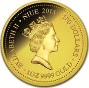 Niue 100 Dollars Tasmanian Devil 2013 Proof KM# 928 ELIZABETH II NIUE 2013 100 DOLLARS 1OZ 9999 GOLD coin obverse Niue 100 Dollars Tasmanian Devil 2013 Proof KM# 928 ELIZABETH II NIUE 2013 100 DOLLARS 1OZ 9999 GOLD coin obverse