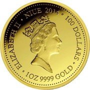 Niue 100 Dollars Frilled Neck Lizard 2014 Proof KM# 1246 ELIZABETH II NIUE 2014 100 DOLLARS 1OZ 9999 GOLD coin obverse Niue 100 Dollars Frilled Neck Lizard 2014 Proof KM# 1246 ELIZABETH II NIUE 2014 100 DOLLARS 1OZ 9999 GOLD coin obverse