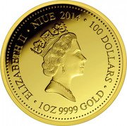 Niue 100 Dollars Green Turtle 2014 Proof KM# 1292 100 DOLLARS 1OZ 9999 GOLD 2014 ELIZABETH II NIUE coin obverse Niue 100 Dollars Green Turtle 2014 Proof KM# 1292 100 DOLLARS 1OZ 9999 GOLD 2014 ELIZABETH II NIUE coin obverse